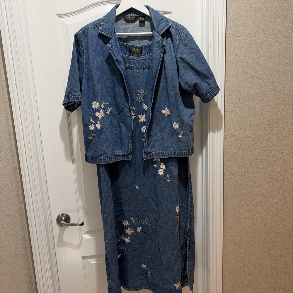 Agapo‎ womens Denim Jumper Embroidered Flowers sequins  jacket SZ Large